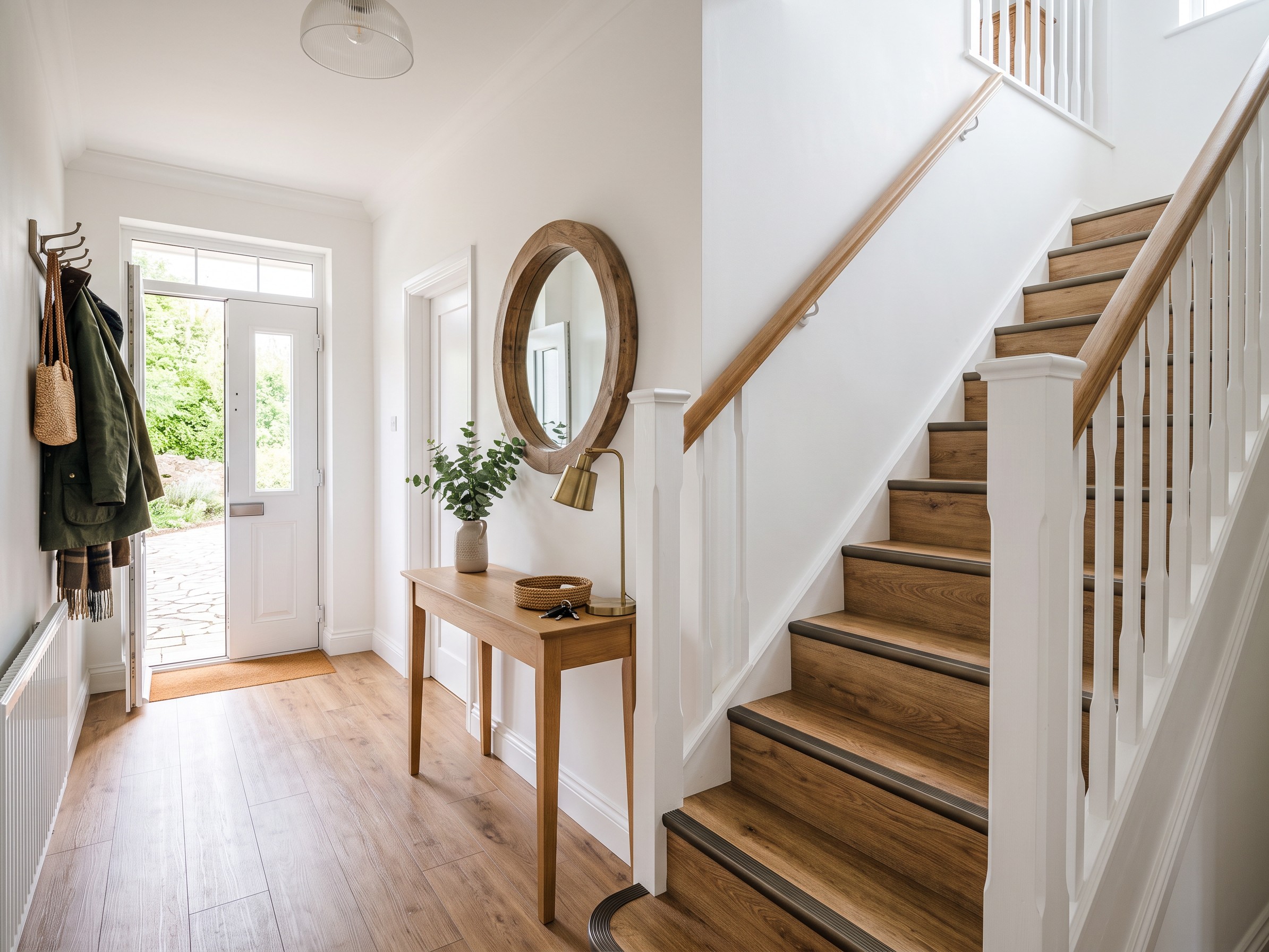 Hallway with oak-effect laminate flooring and trimmed stairs